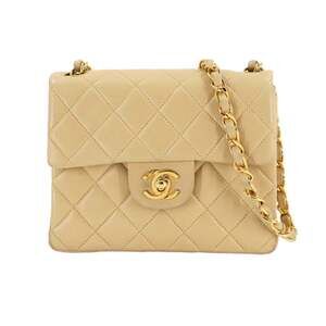 CHANEL Mini Matelasse Chain Shoulder Bag, Beige Lambskin, A01115, Coco Mark, ...